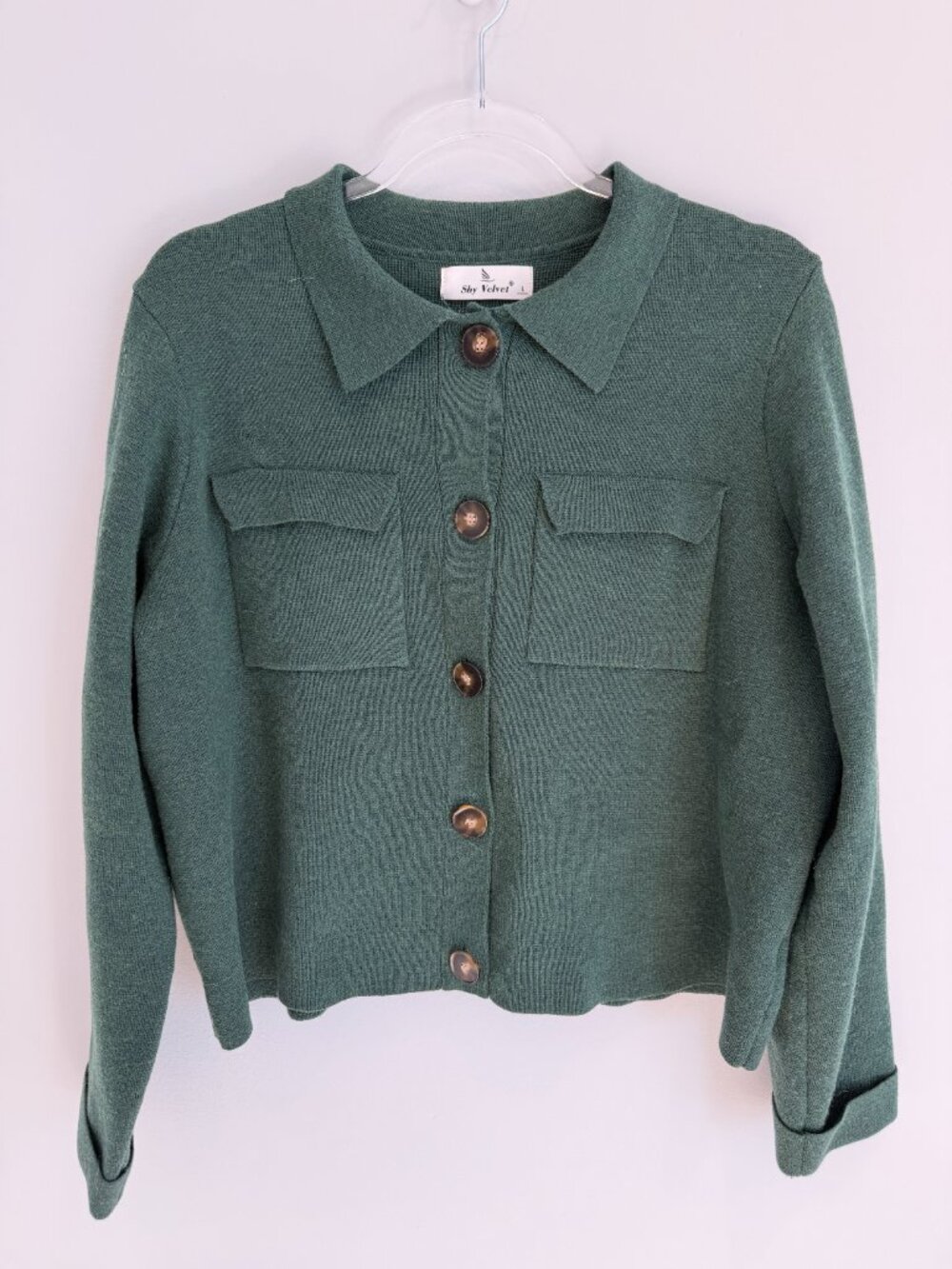 Shy Velvet Green Wool Blend Cropped Shacket Sweater Jacket Size Large
